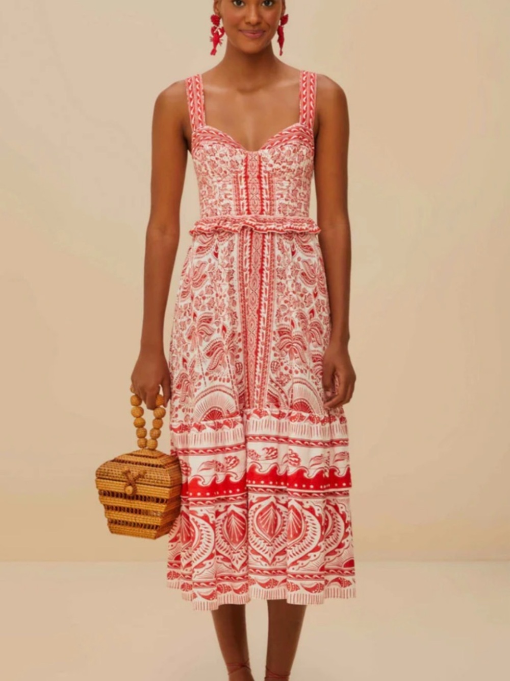 Farm Rio RIVER RIDE RED MIDI DRESS Size Small